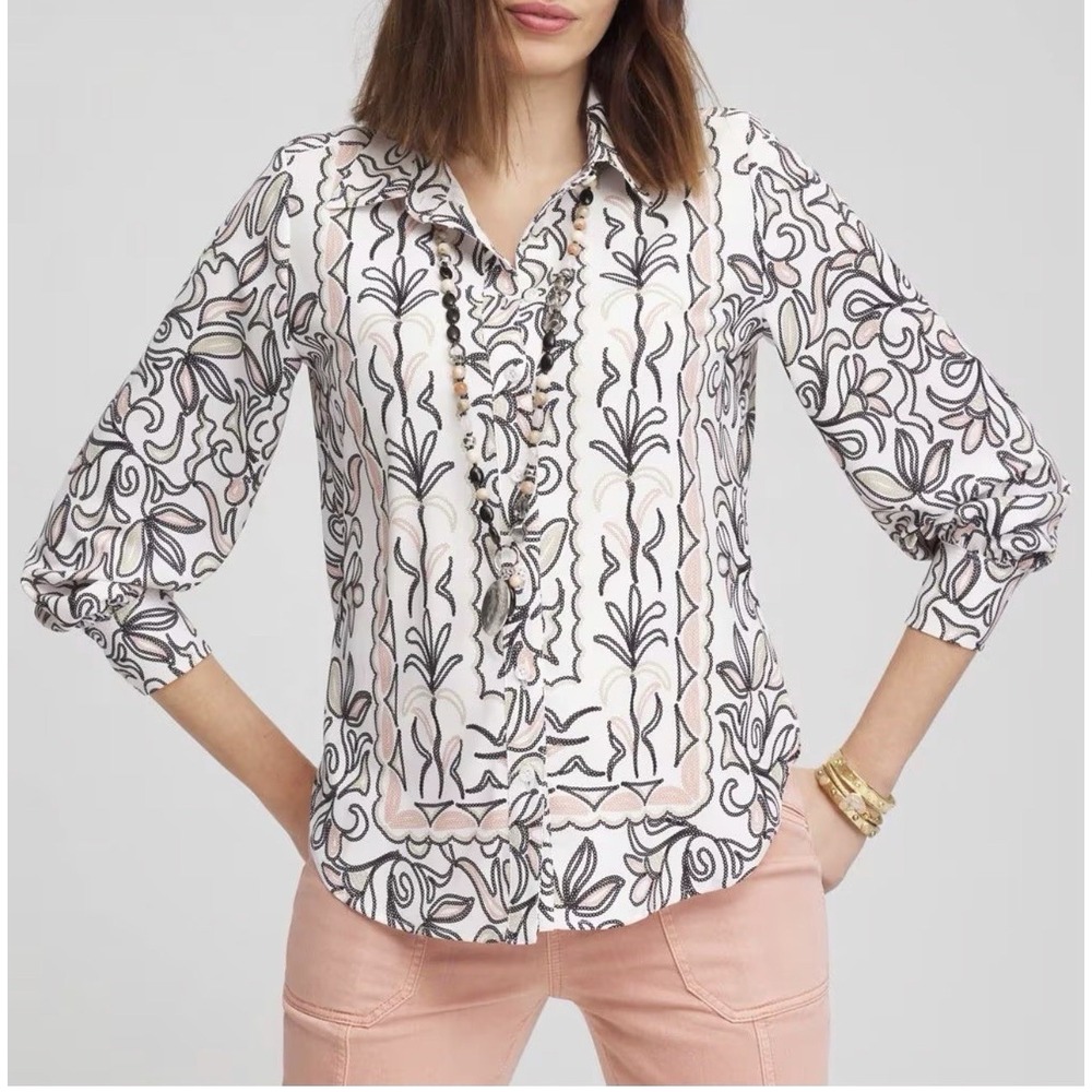 Chico's Satin Floral Collared Button-Up Long Sleeve Blouse 2, 12, L Preppy